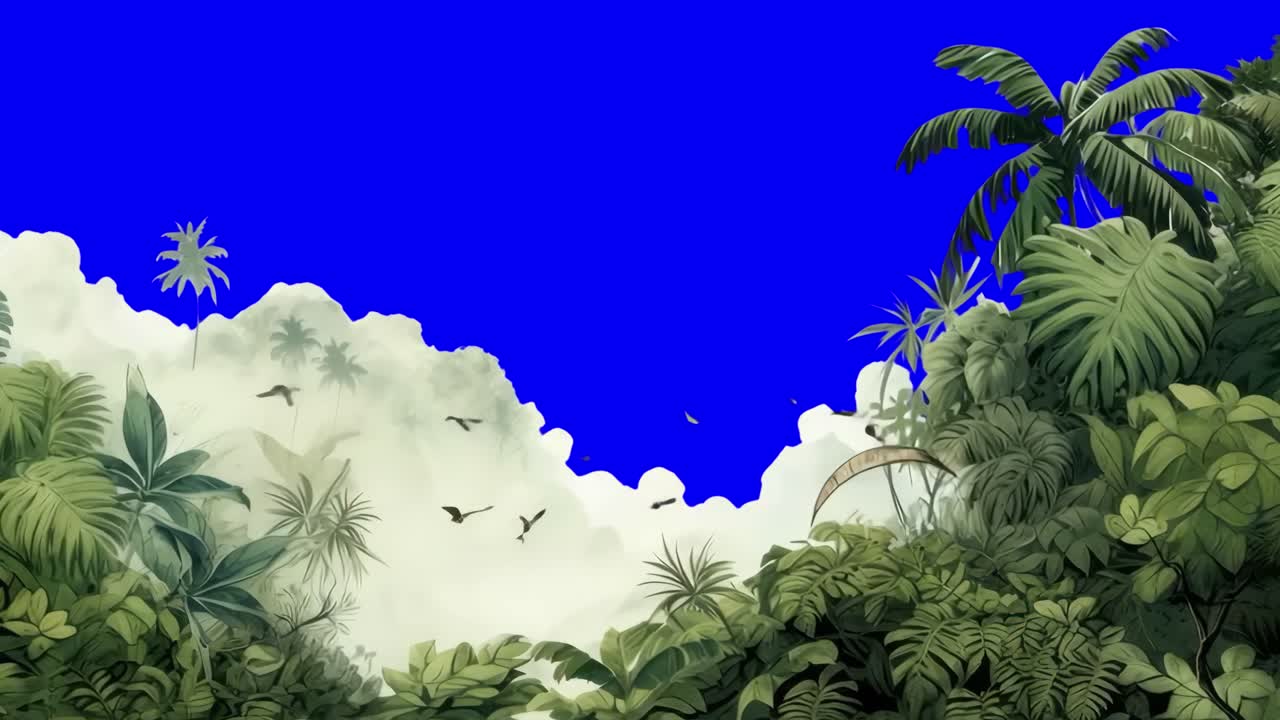 Lush tropical jungle scenery animation, transparent 4K video, green screen