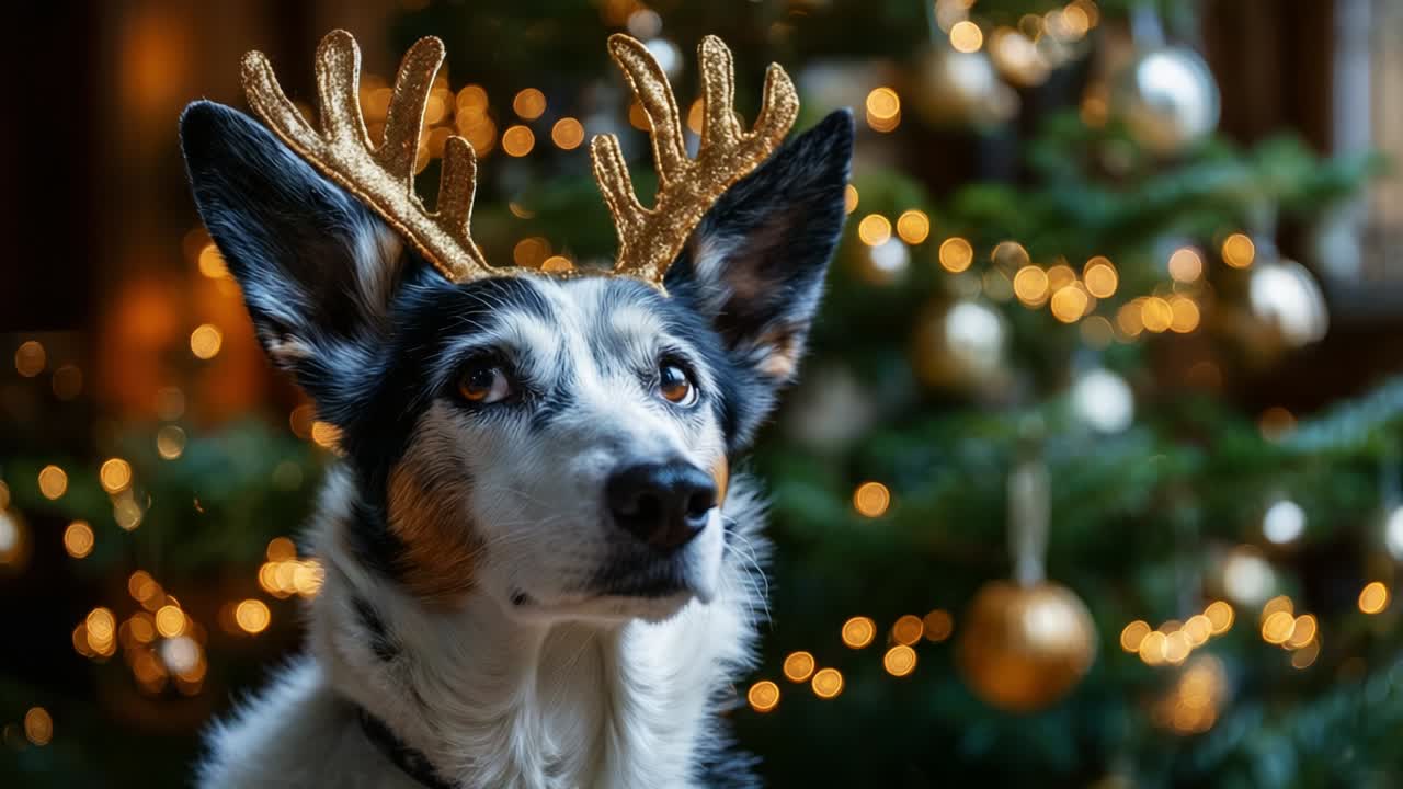 A Merry Dog Dressed in Golden Antlers Smiles Joyfully by the Festive Christmas Tree, Surrounded by Sparkling Ornaments and Twinkling Lights, Capturing the Spirit of the Holiday Season in Heartwarming Detail