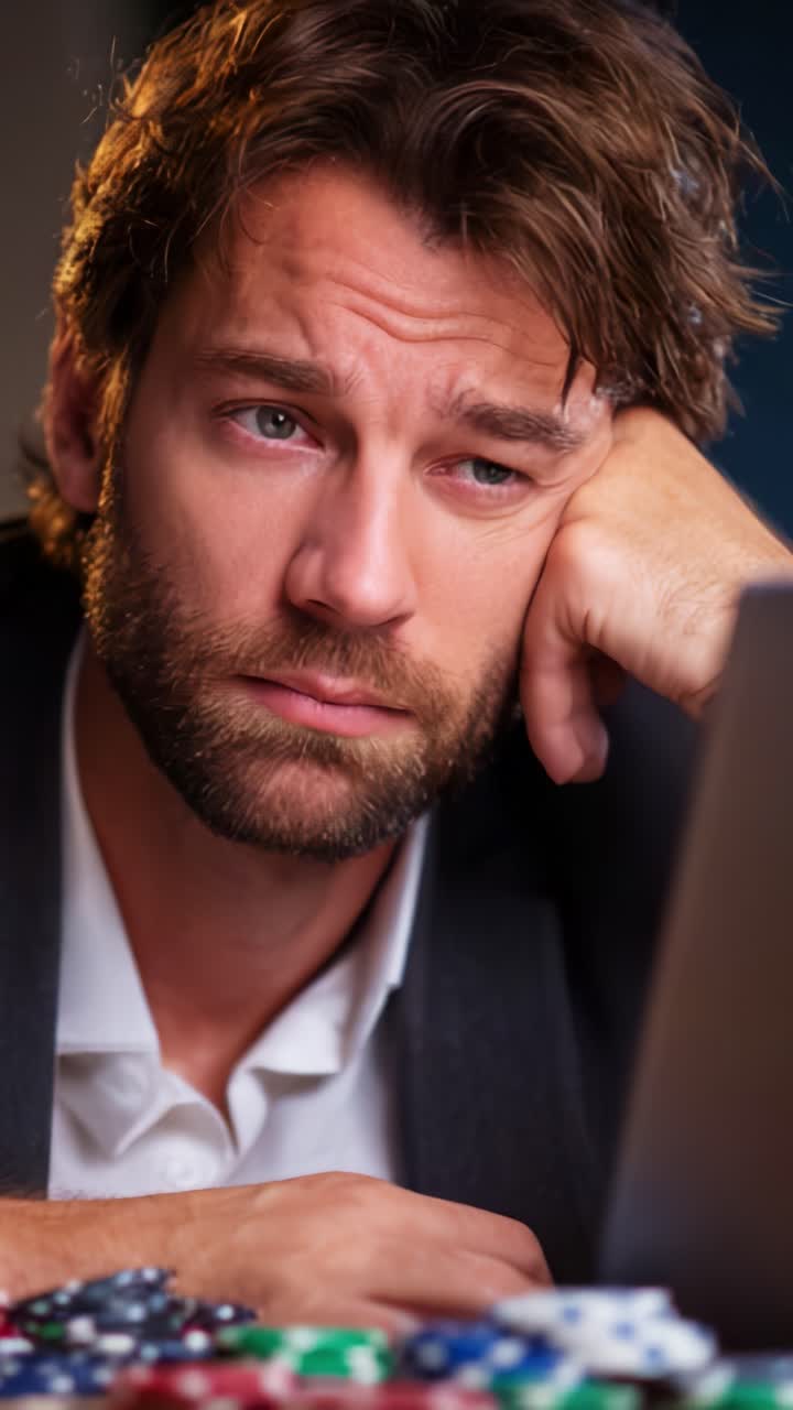 En eftertænksom mand stirrer på sin laptop, fortabt i tanker midt i et hav af pokerchips, og reflekterer over online gamblingens risikofyldte verden og beslutningstagning.