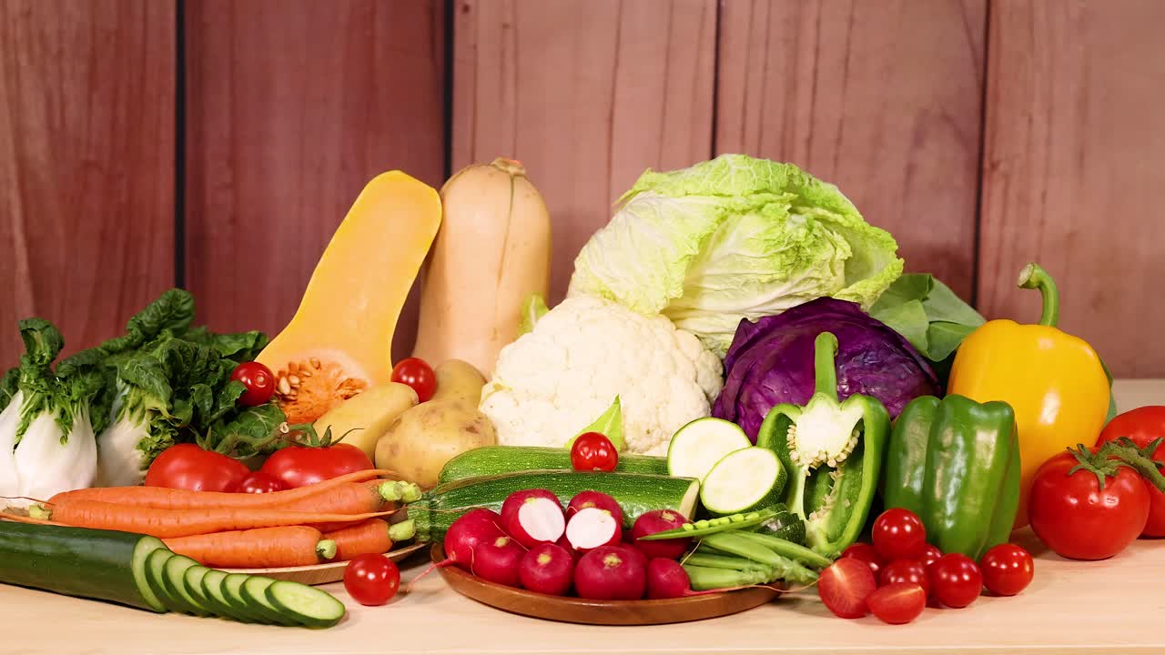 나무 테이블 에 전시 된 다양한 채소