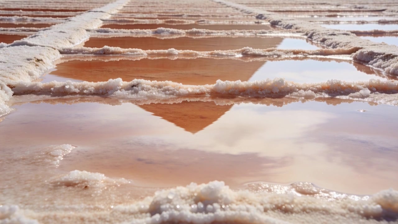 Moving camera forward over salt pans, revealing triangular reflection and ridges, showing textures