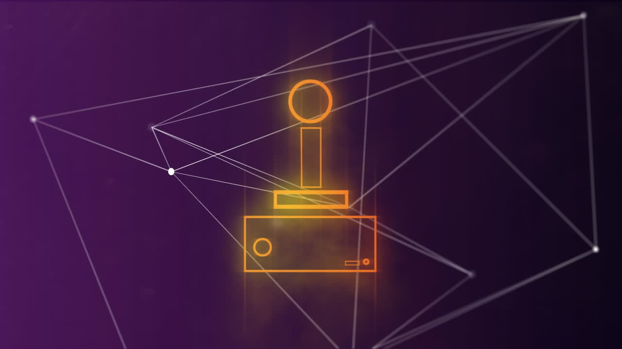 animación del icono del controlador de videojuego de neón y la red de conexiones en fondo púrpura