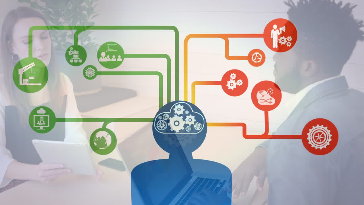 animación de iconos de los medios sobre diversas personas de negocios en la oficina