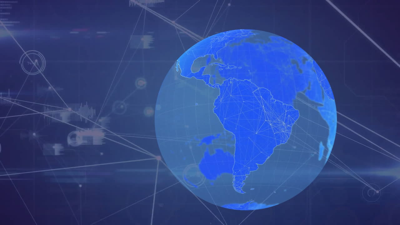 animación del globo, puntos conectados, iconos de gráficos sobre un fondo abstracto