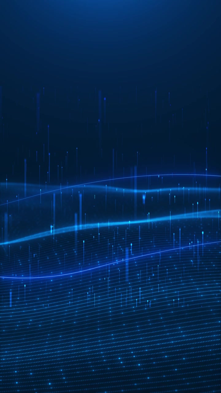 Blue digital wave grid background with curved dotted landscape falling data lines and glowing