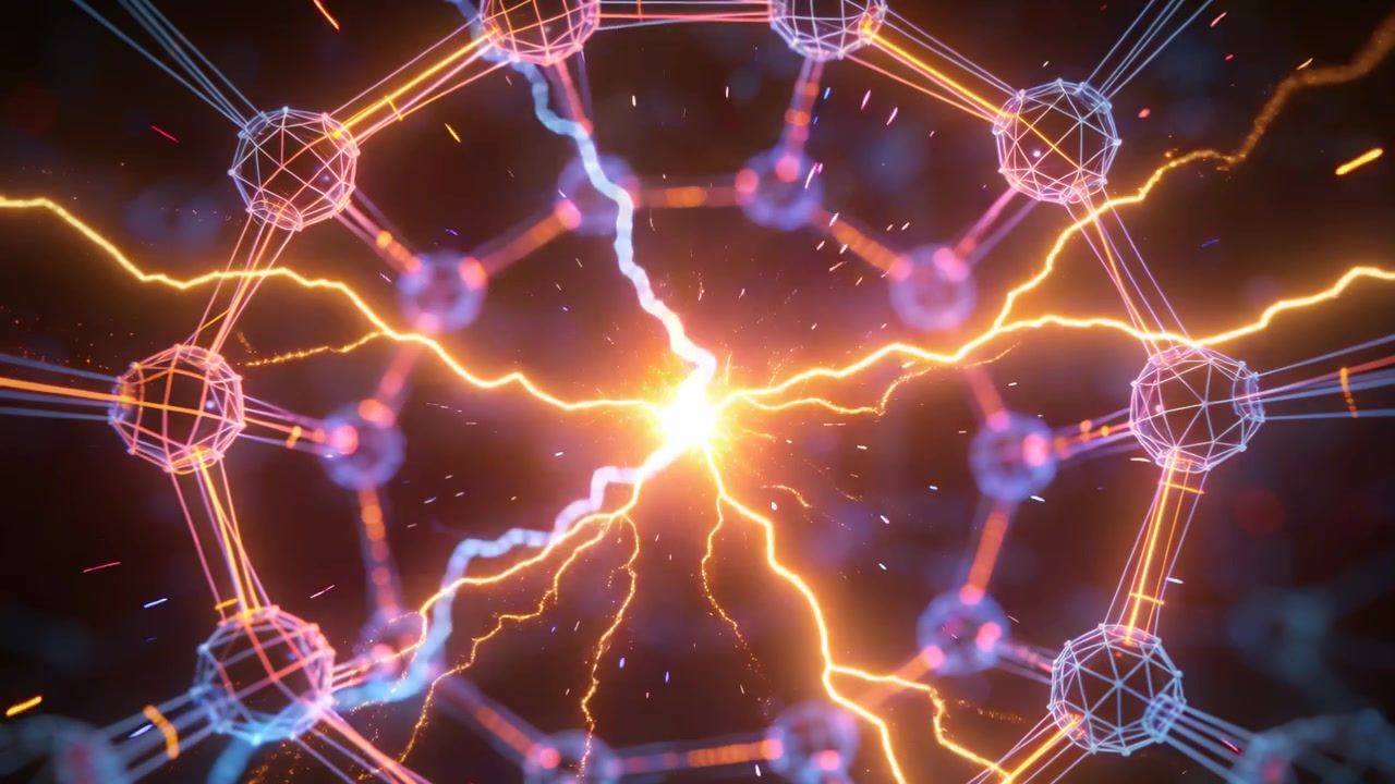 Reticolo pulsante che reagisce a un arco in caduta, emettendo un bagliore di plasma e scintille in una simulazione oscura.