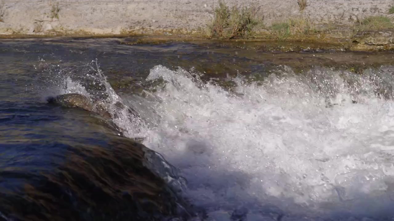 Um salmão salta contra o fluxo forte de uma barragem de rio, gravado em câmera lenta de alta taxa de quadros. Partículas de água individuais e a forma do peixe são visíveis enquanto ele combate a corrente.