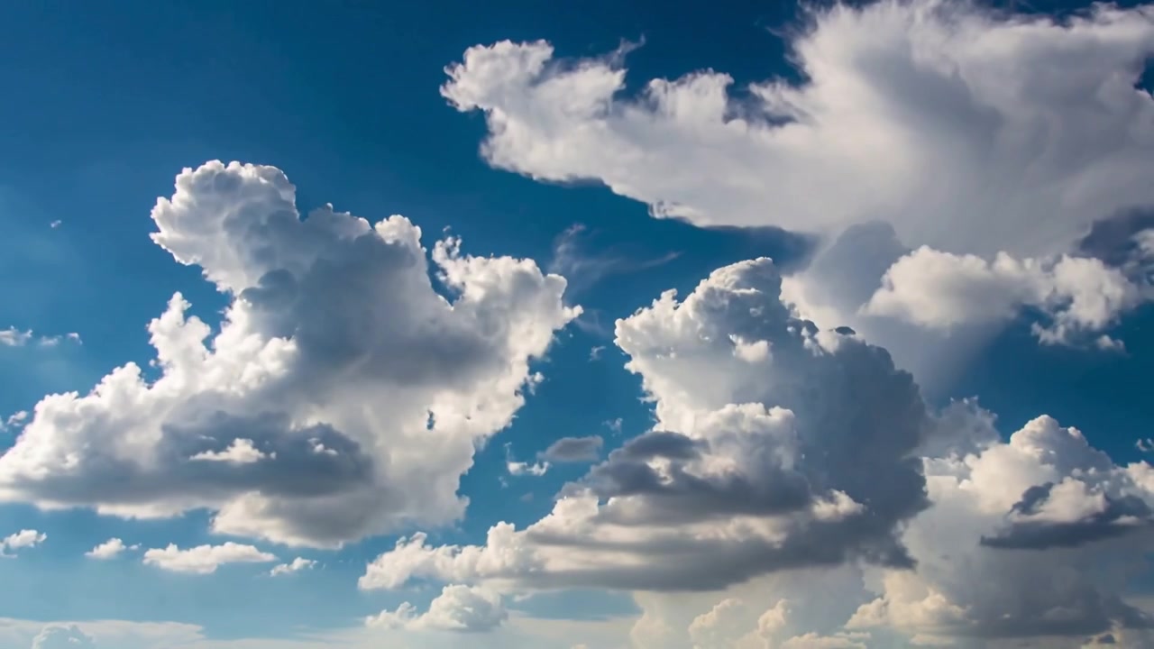Mächtige Kumulus- und Kumulonimbuswolken mit Ambossformation wachsen und ziehen am weiten blauen Himmel, von der Sonne beleuchtet.