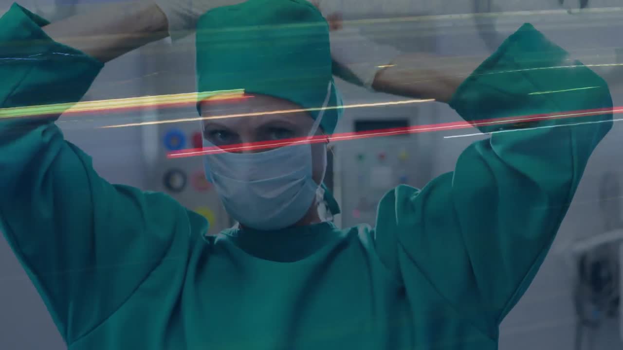 도시 교통에 대항하여 얼굴 마스크를 쓰고 있는 여성 외과 의사의 초상화의 디지털 구성