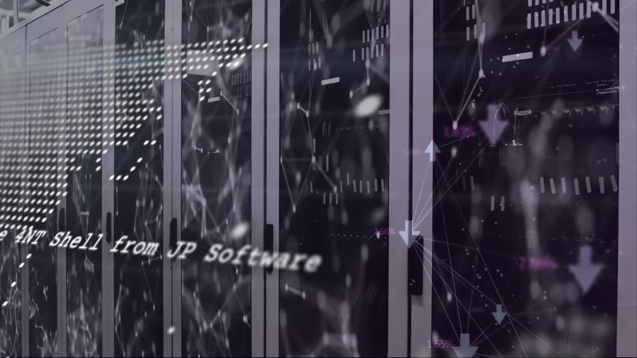 animación del procesamiento de datos y mapa del mundo sobre formas y sala de servidores