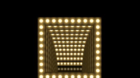 cuadro de caja de bombilla incandescente de túnel forma cuadrada patrón móvil, estilo retro 3d ilustración de estilo virtual brillo en fondo oscuro animación de bucle sin costuras 4k, con espacio de copia
