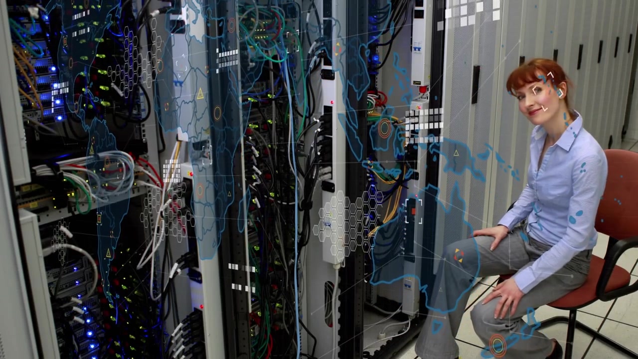 Animation of world map over caucasian businesswoman in server room