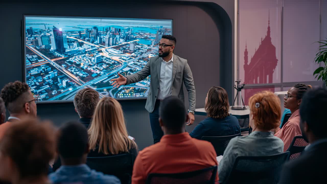 Pointing at aerial map, speaker in grey blazer briefing team in conference room with tripod camera