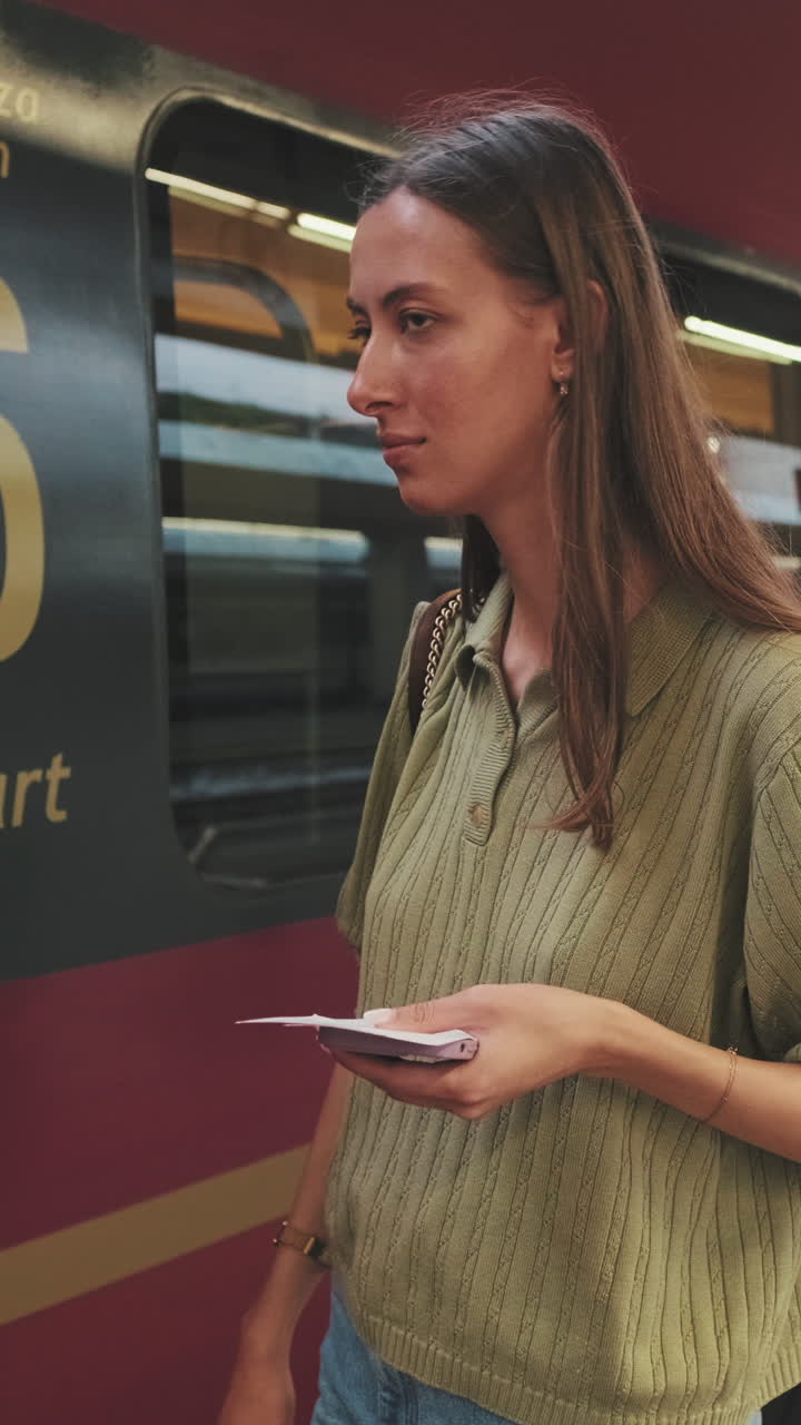 Giovane donna che sale su un treno sulla banchina della stazione