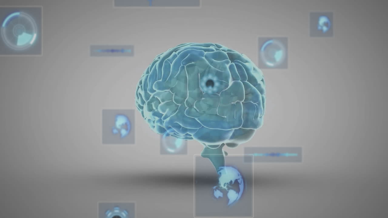 Animation of digital brain with data panels, showcasing artificial intelligence concepts