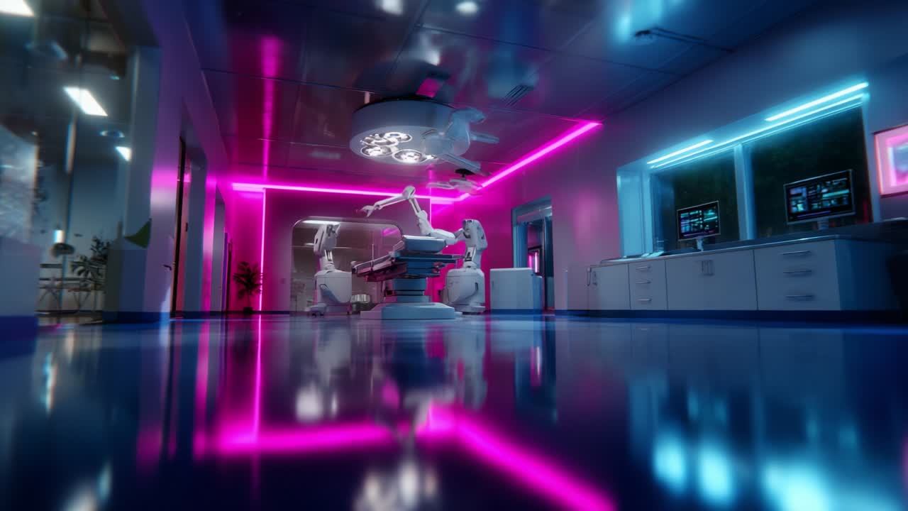 A Futuristic Operating Room Bathed in Neon Lights Featuring Advanced Robotic Surgery Technology and State-of-the-Art Medical Equipment, Captured from Distinct Perspectives to Showcase Its Innovative Design