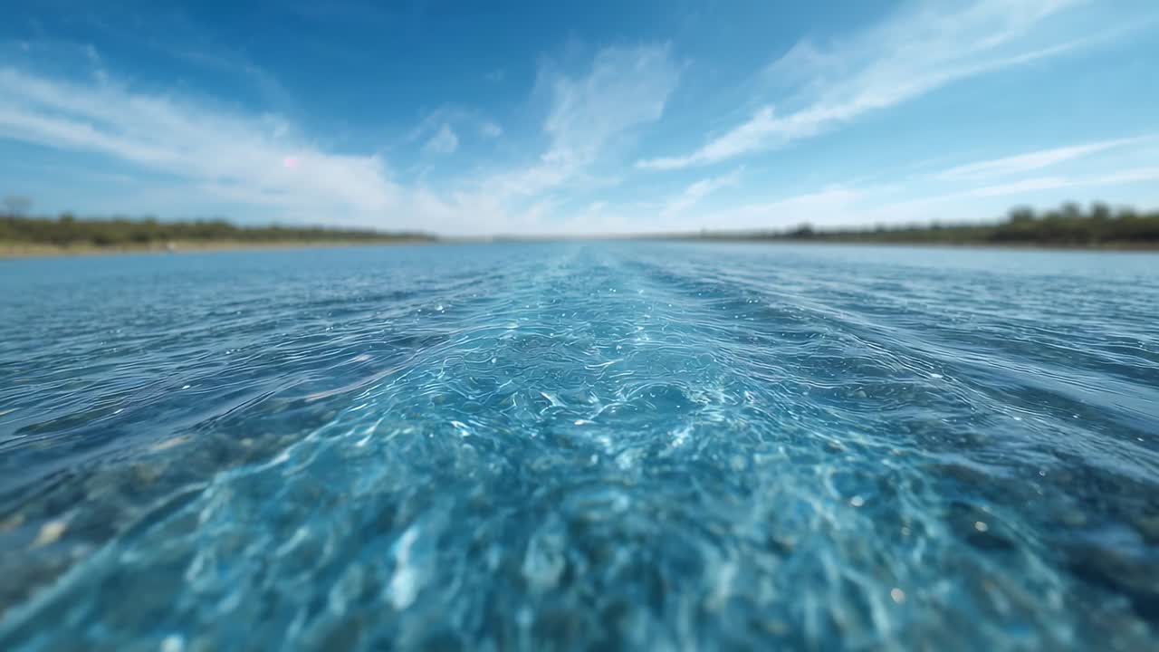 Sillage centrale di un’imbarcazione non visibile che avanza sull’acqua, con costa alberata