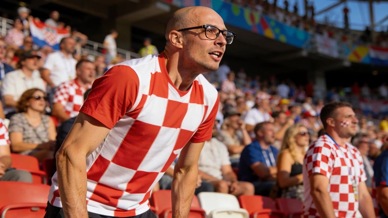Tifoso urlante con una camicia a quadri rossa che reagisce alla partita, aggrappato alla ringhiera e sporgendosi in uno stadio soleggiato.