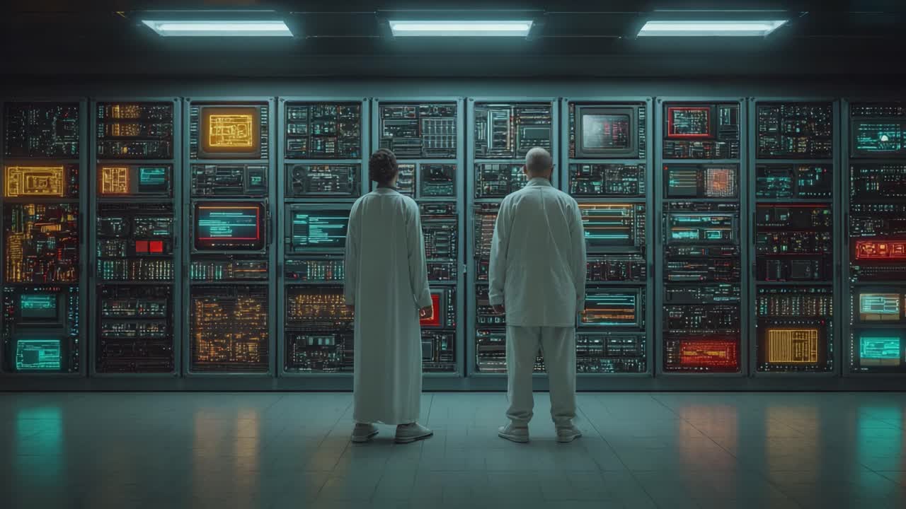 Two Scientists Analyzing Complex Data Displays in a High-Tech Laboratory Setting with Advanced Monitoring Equipment and Screens Glowing with Information