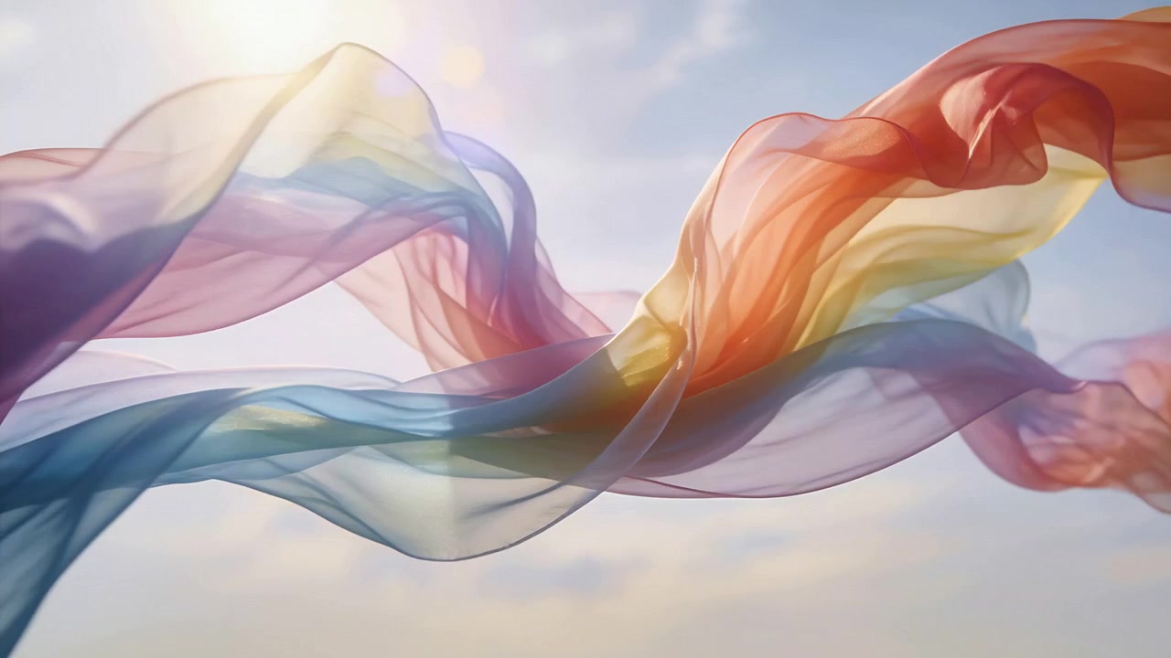 Nastri trasparenti e multicolori che fluttuano alla leggera brezza attraverso il cielo blu, con un bagliore solare.