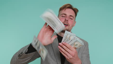 rich pleased boss man waving money dollar cash, success business career, lottery winner, big income