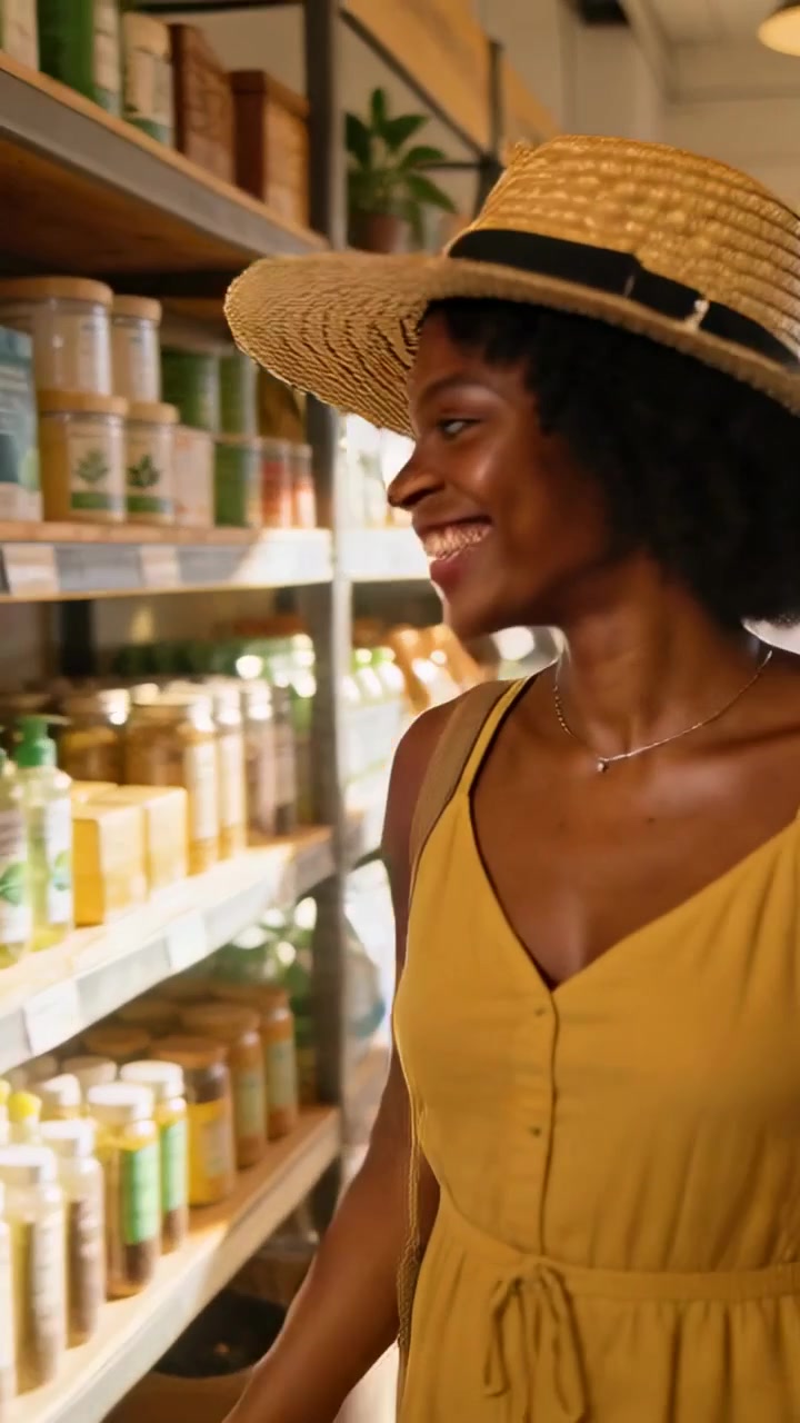 Vertical video: Entering store woman in straw hat, yellow dress walking aisle, shopping, copy space