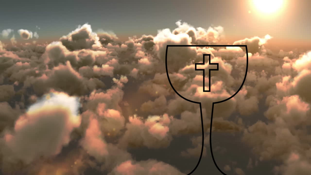 Chalice with cross outline in sky, animation of clouds during sunset