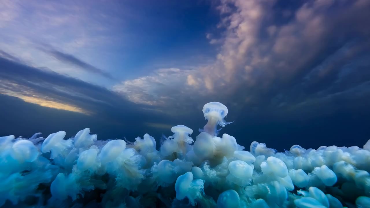 Meduse che nuotano sott'acqua, nell'oceano, con meduse, con texture dell'acqua, da una prospettiva subacquea, con accenti blu e bianchi, e un'atmosfera naturale serena, dettaglio chiaro