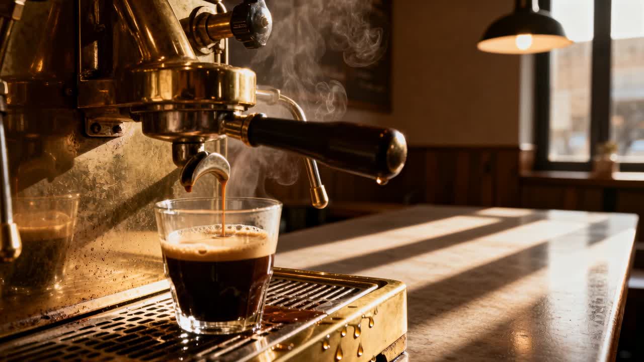 Video verticale: Inserimento del portafiltro, macchina che versa il caffè in un bicchiere da servire in un bar, con spazio per il testo.