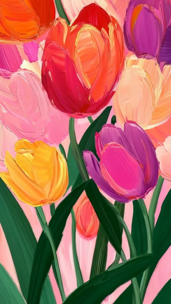 Animated Illustration of Vibrant Tulips with Painterly Texture