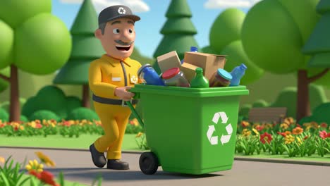 animated character collecting recyclables: a happy waste management worker pushing a green cart filled with recyclable materials in a lush park environment