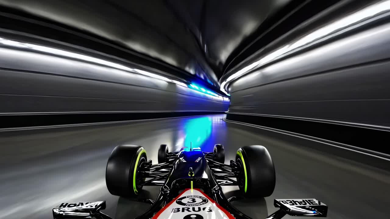 Dynamic low-angle shot of a Formula 1 car speeding through a neon-lit tunnel, creating a futuristic