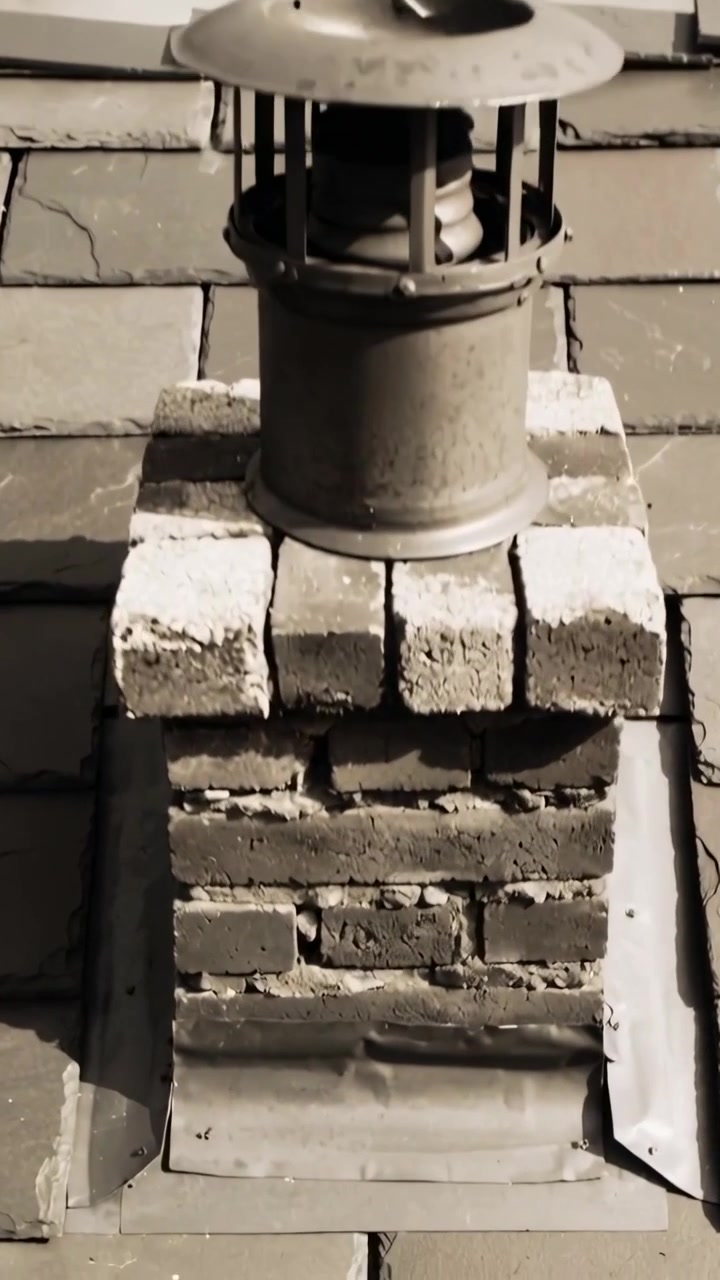 Vertical video: Moving camera downward framing brick chimney on roof, showing worn mortar, flashing