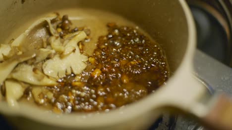 mushroom and dark soy bean sauce sizzling and bubbling in gray pot over gas stove, filmed as closeup slow motion shot in handheld style