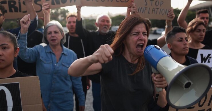 Aktivistkvinde, der leder en protest med en megafon.