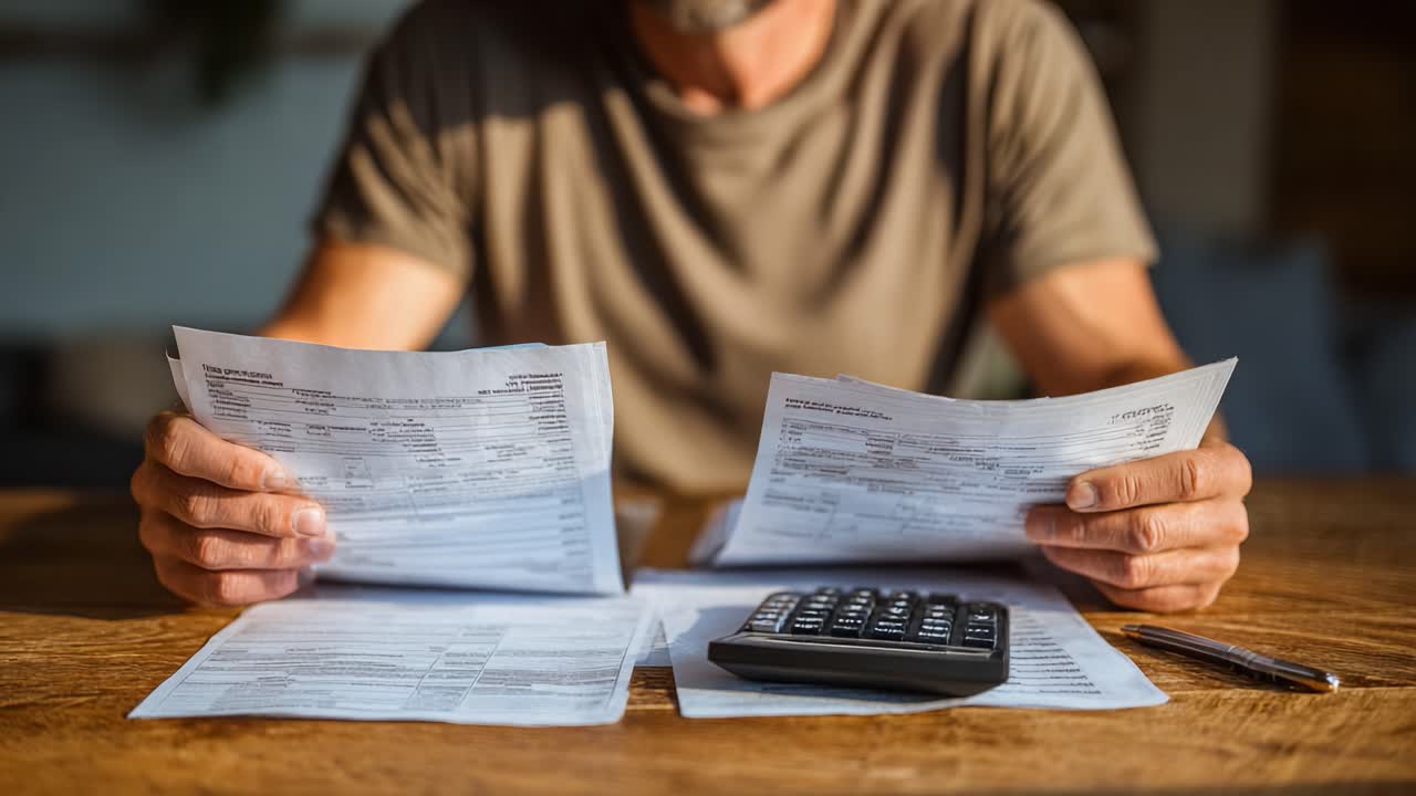 Persona concentrata che analizza documenti finanziari mentre usa una calcolatrice per calcoli e decisioni precise in un accogliente ufficio domestico.