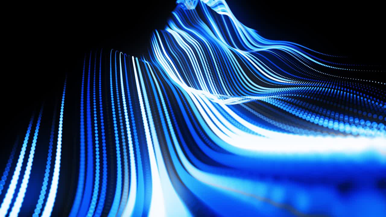 fondo de bucle 3d abstracto con partículas de brillo azul forman líneas curvas y líneas forman la estructura de la superficie en el espacio 3d. bucle vj festivo con partículas. fondo de diseño de movimiento