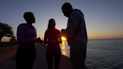 silueta de amigos multiétnicos descansando después del deporte