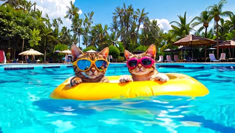 two cats in sunglasses floating on an inflatable raft in a pool