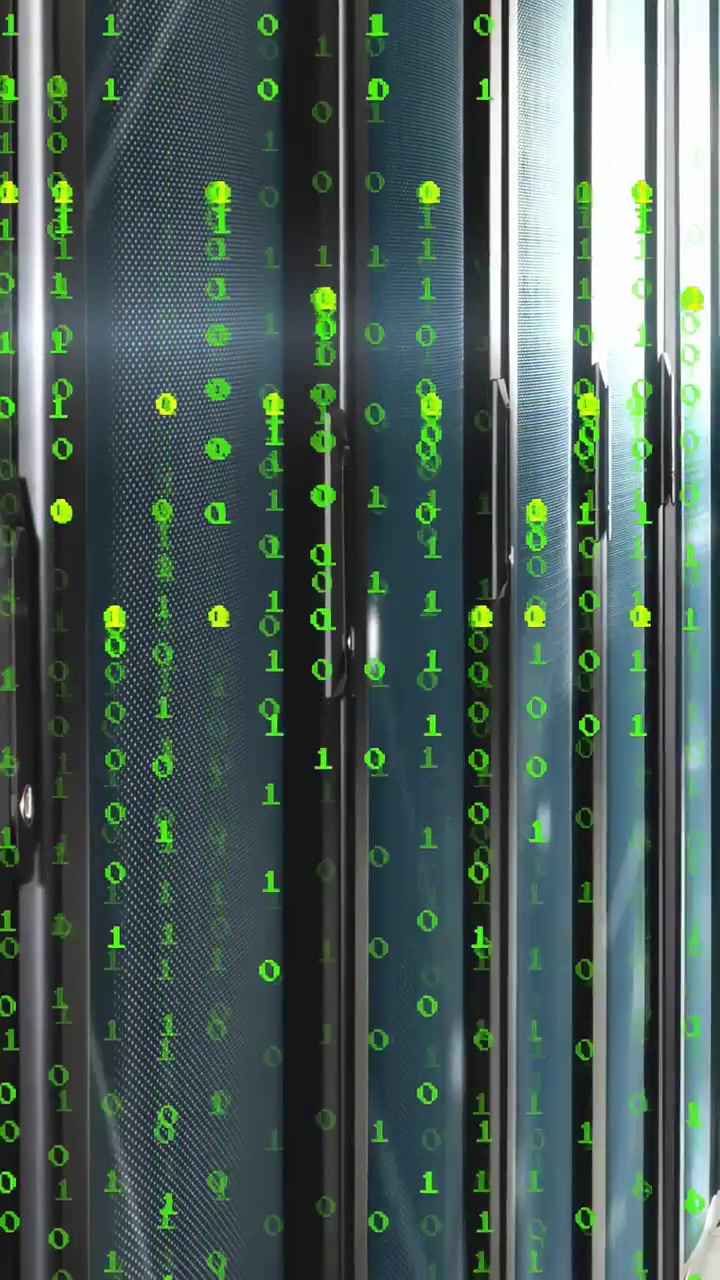Vertical video: Tech rack panels receiving data showing green binary streams revealing mesh handle