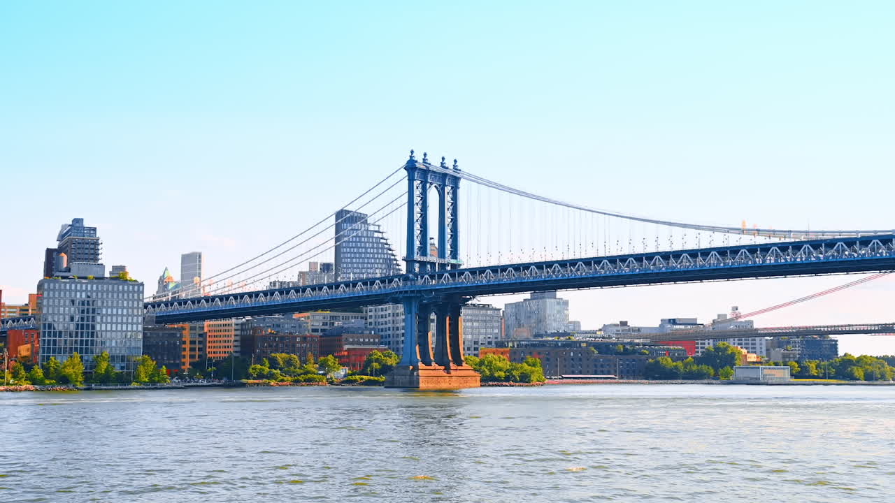 Beautiful waterfront of the East River at daytime. The Manhattan Bridge and the Brooklyn Bridge view from the waterscape. New York, USA