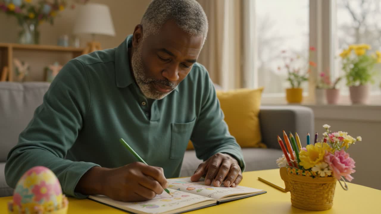 A Joyful Senior Man Engaged in Creative Coloring: Discovering the Joy of Art and Nature through Coloring Pages in a Bright and Cheerful Living Room Setting