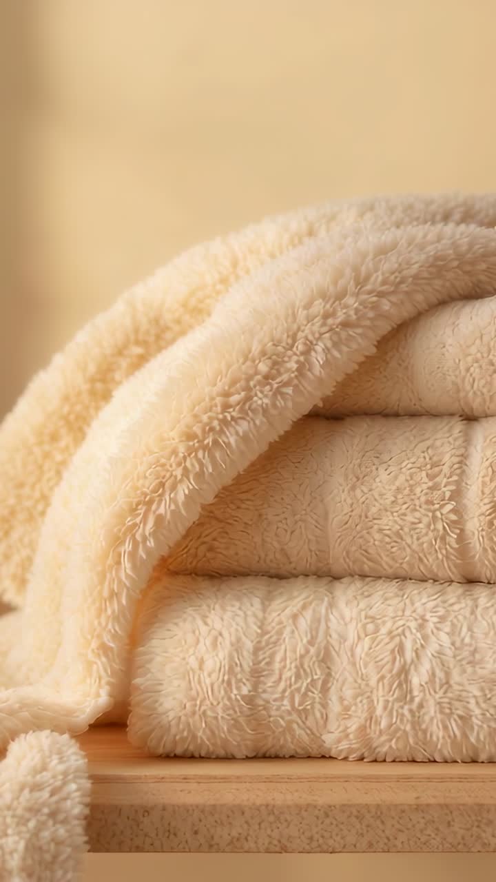 Video verticale: ripresa di 3 asciugamani color crema impilati su una mensola di legno con nappe decorative che ne mostrano la consistenza morbida