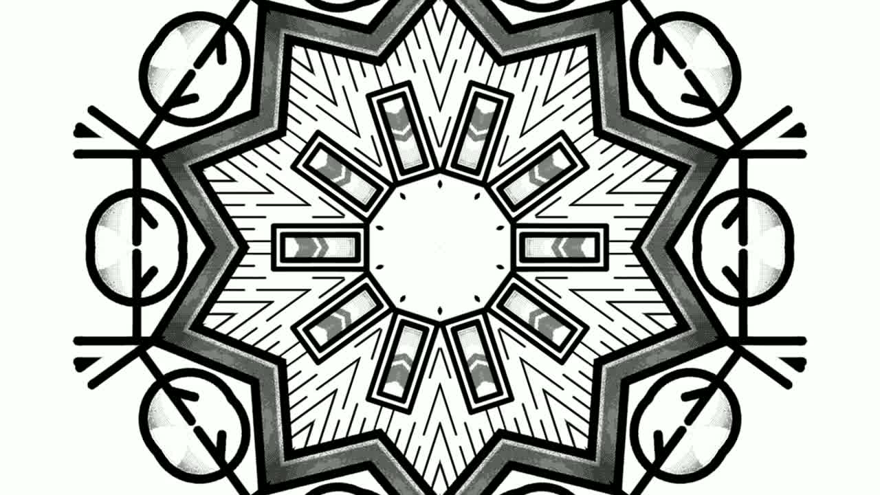 흰색 배경에 어두운 선이 있는 이미지 중앙에서 나타나는 만화경 효과