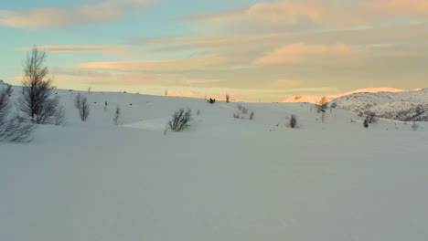 aerial in low light over the snow covered valley and mountains in hemsedal, norway