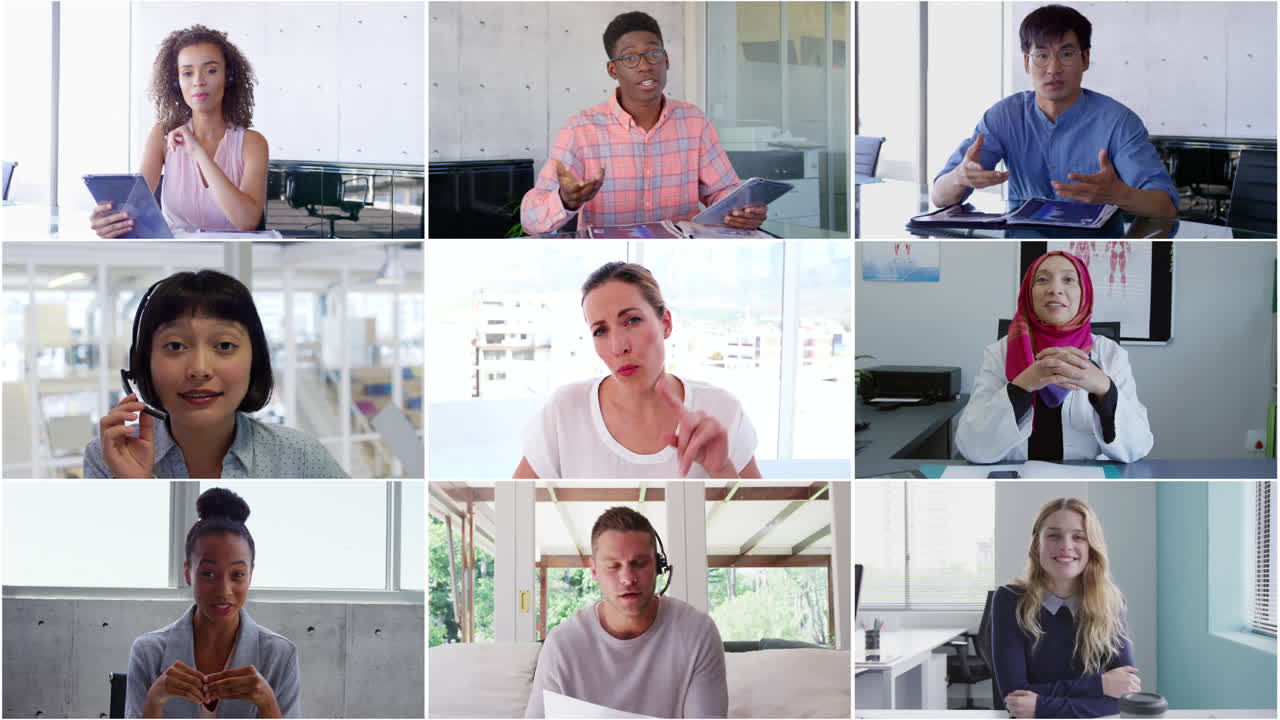 Team of work colleagues displayed on screens talking on video call using electronic devices