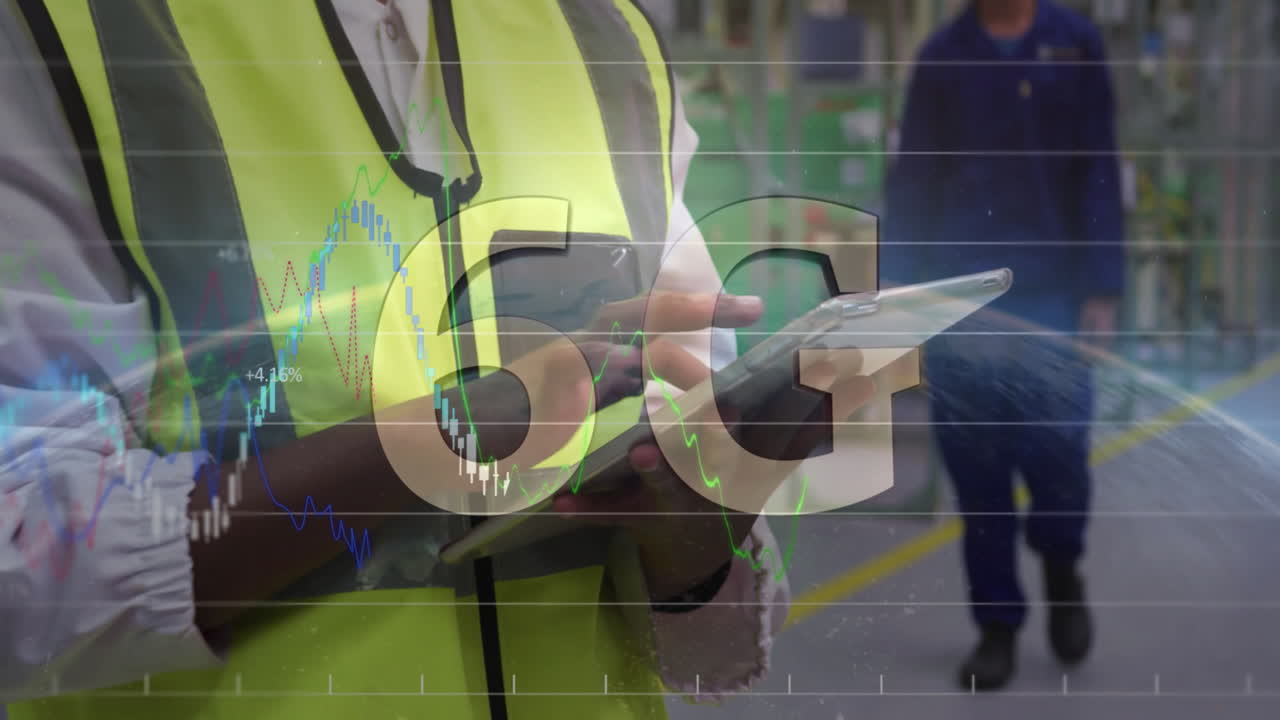 Using tablet with 6G technology, person in safety vest viewing data animation