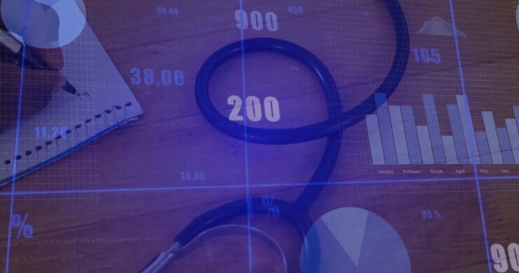 clinician hand entering frame writing on notebook, tracking healthcare data with shifting charts