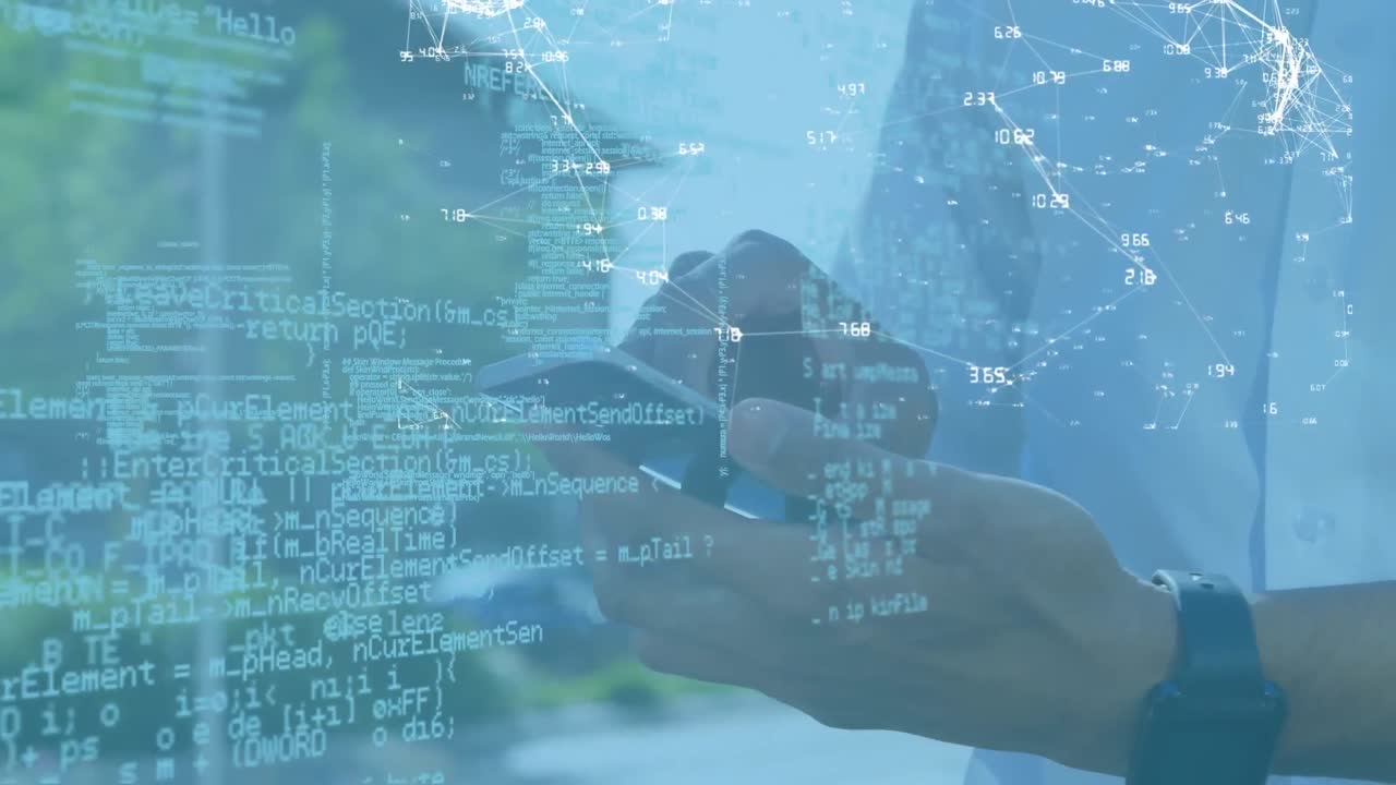 스마트 폰을 사용하는 사업가에 대한 네트워크 및 데이터 처리의 애니메이션