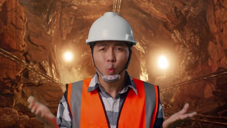 close up of wondering asian male engineer with safety helmet saying why working doubtfully in underground mine tunnel